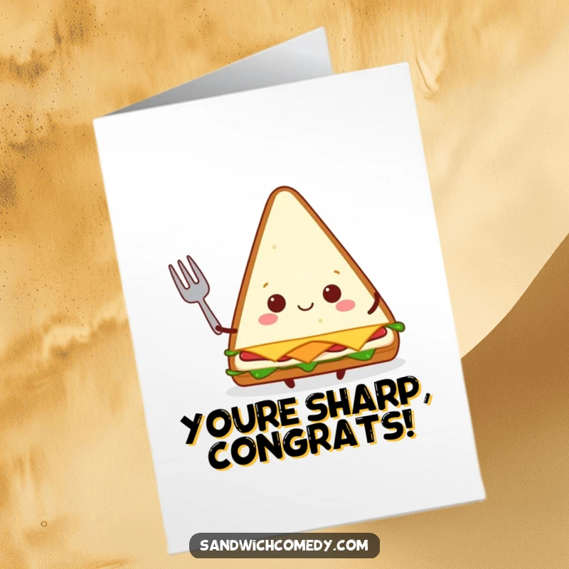 Funny Free Printable Congratulations Card: A triangular sandwich character happily holds a tiny fork, celebrating success.
