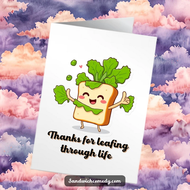 Funny Free Printable Thank You Card: Sandwich character with crusty arms juggling green lettuce leaves, embodying thanks.