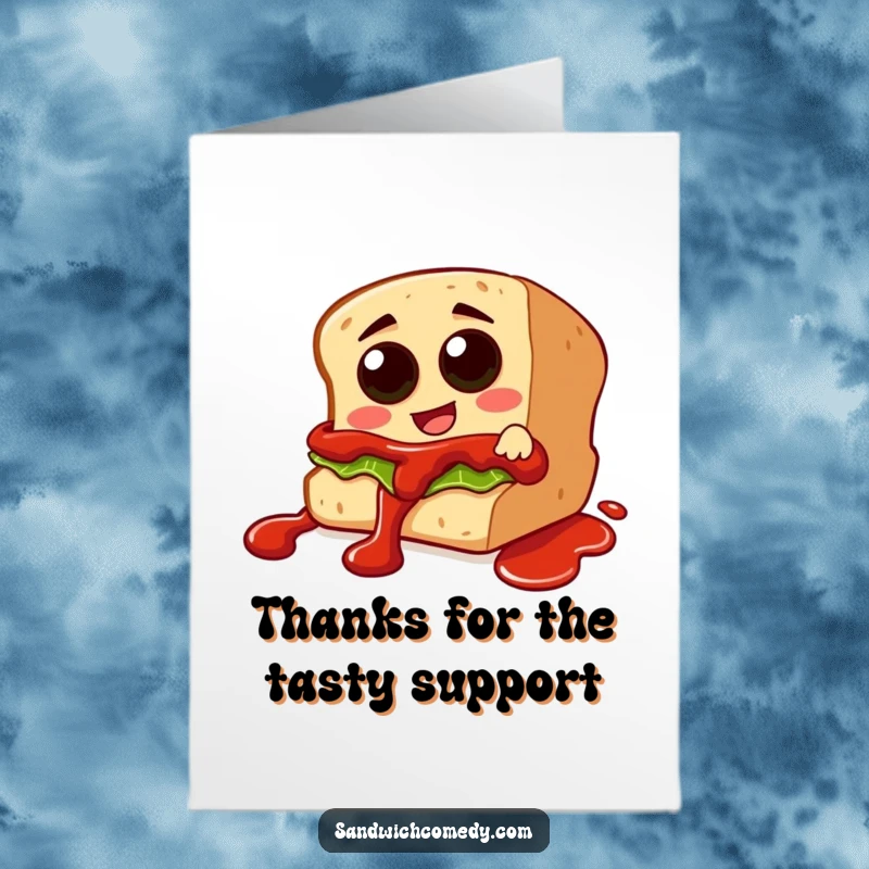 Funny Free Printable Thank You Card: Sandwich character sliding gleefully down a ketchup drizzle, expressing thanks.