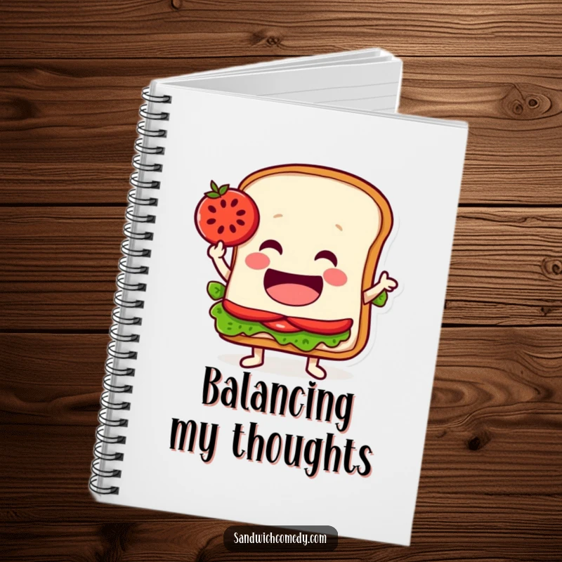 Funny notebook with a jovial sandwich character balancing a tomato slice on its edge, perfect for jotting down balanced ideas.