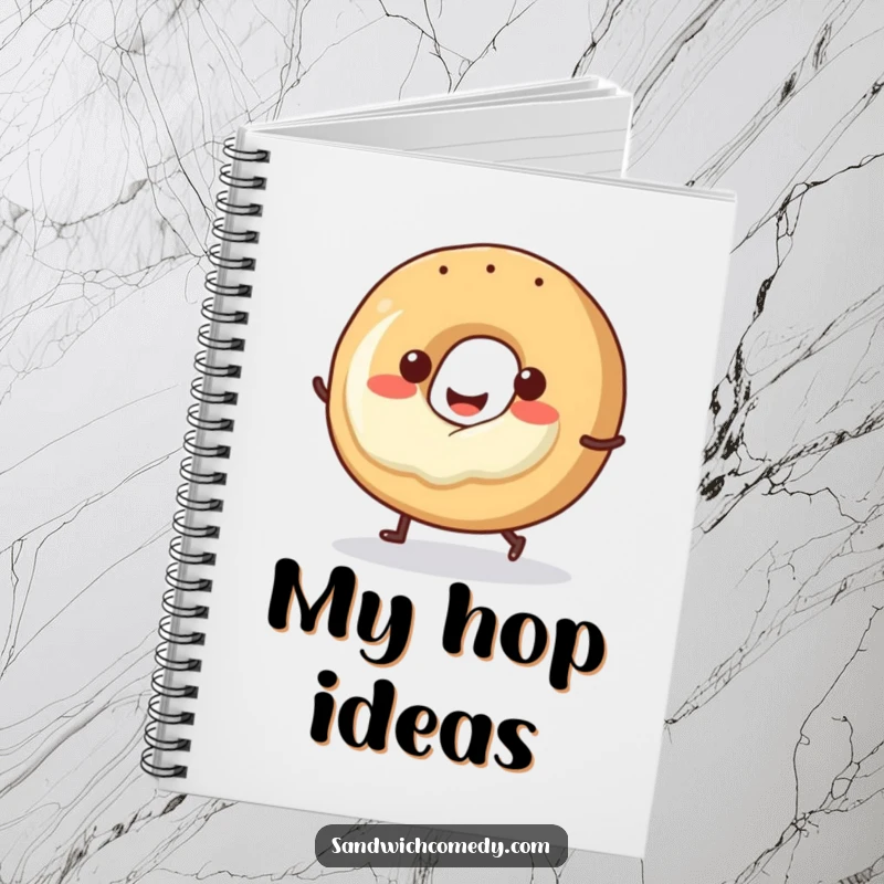 Funny bagel notebook with a smiling bagel and cream cheese doing a little hop, perfect for notes and journaling.