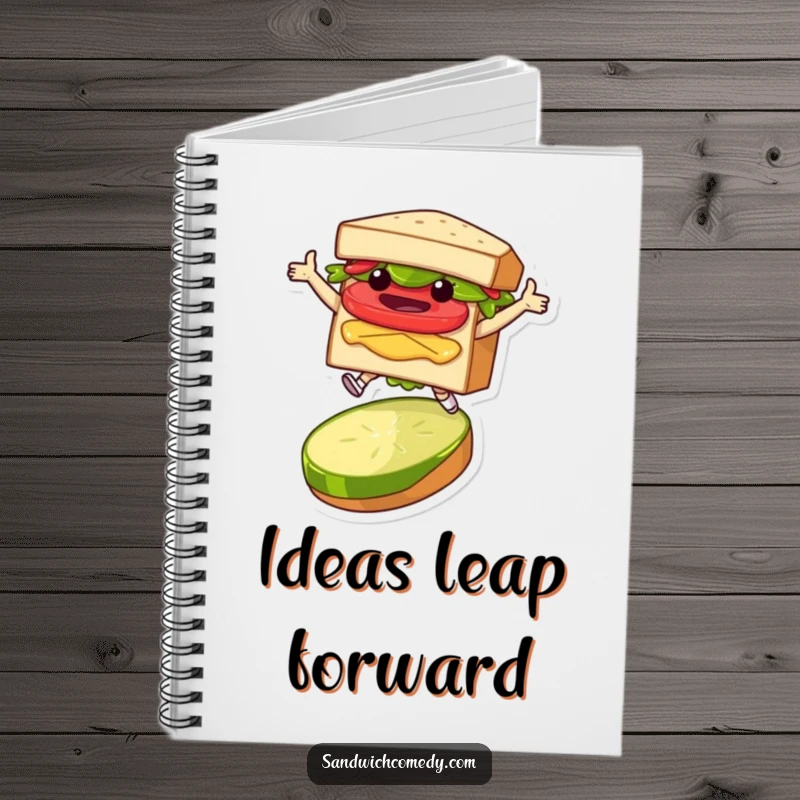 Funny notebook with a layered sandwich character in a joyful leap over a pickle slice, perfect for jotting down funny thoughts.