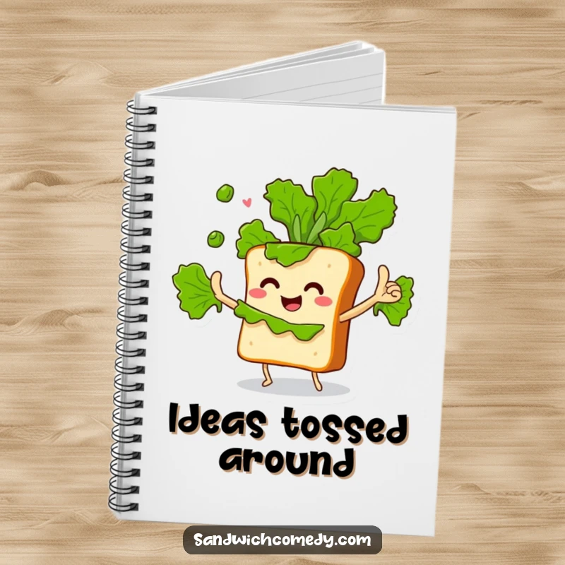 Funny notebook with a sandwich character enthusiastically juggling lettuce leaves, perfect for jotting down busy ideas.