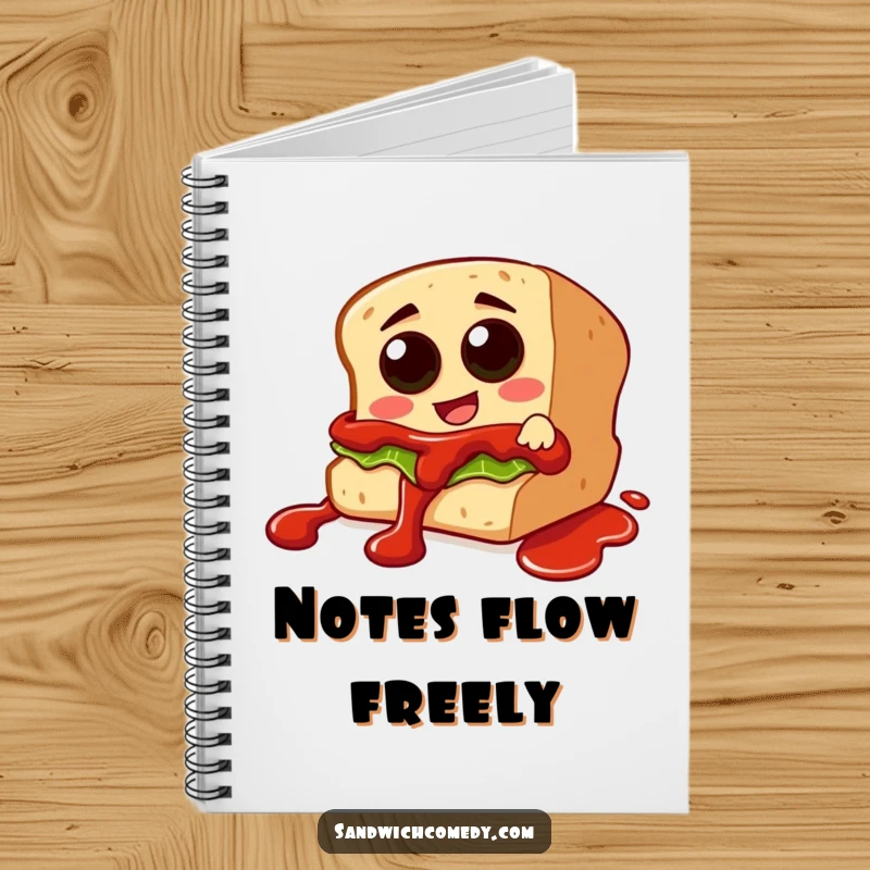 Funny notebook with a sandwich character with olive eyes sliding down a ketchup drizzle, perfect for jotting down exciting ideas.