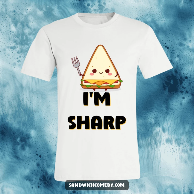 Funny triangular sandwich t-shirt featuring a happy character holding a tiny fork, celebrating mealtime.
