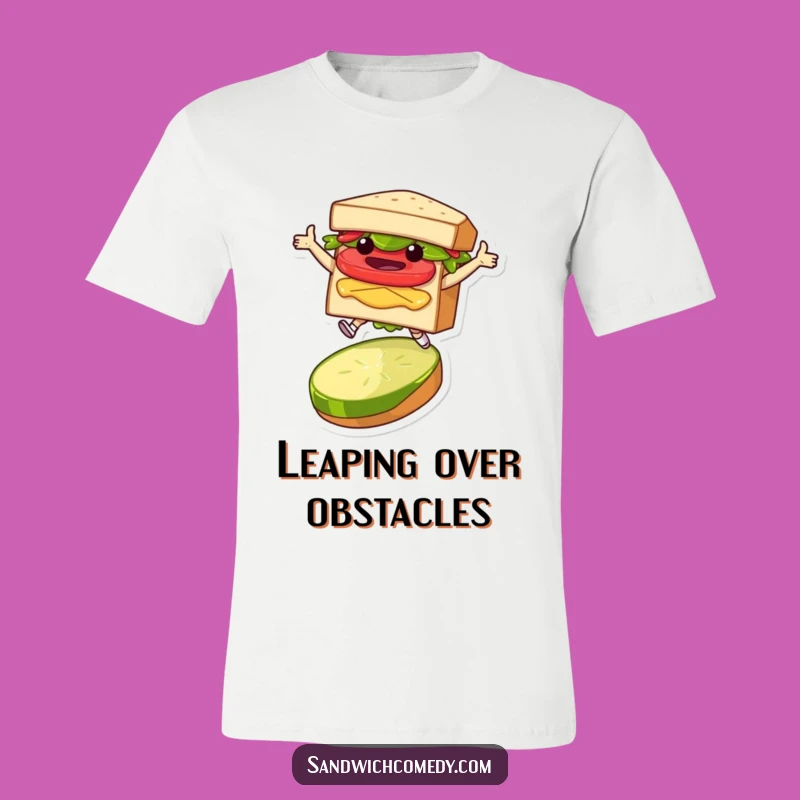 Funny Sandwich Leap T-Shirt - Joyful Character Jumping Over Pickle Tee