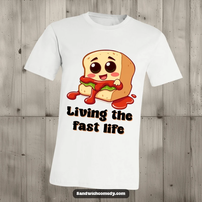 Funny t-shirt featuring a sandwich character with olive eyes sliding excitedly down a ketchup drizzle, a messy and fun design.