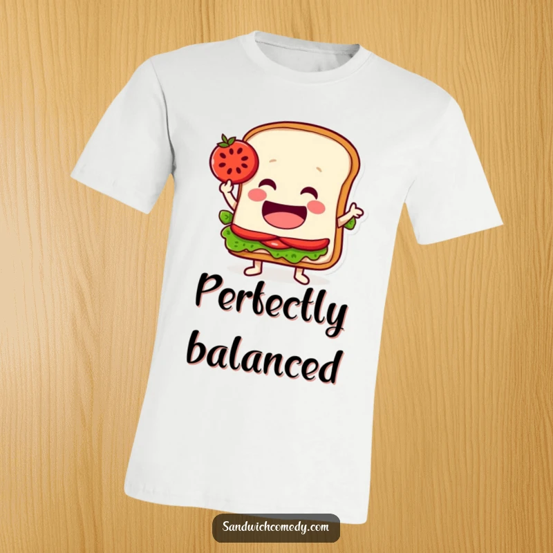 Funny t-shirt with a jovial sandwich character perfectly balancing a tomato slice on its pointed edge, showcasing great poise.