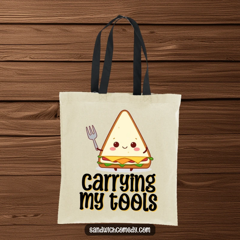 Funny triangular sandwich tote bag with a happy character holding a tiny fork, perfect for carrying groceries.