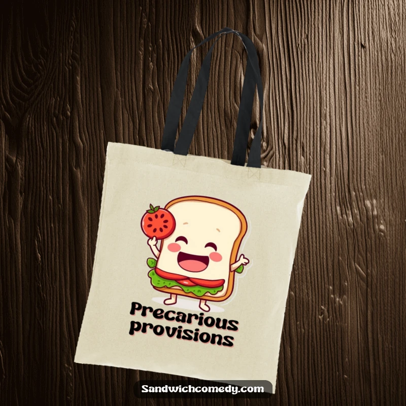 Funny tote bag with a jovial sandwich character balancing a tomato slice on its pointed edge, a humorous and chic accessory.