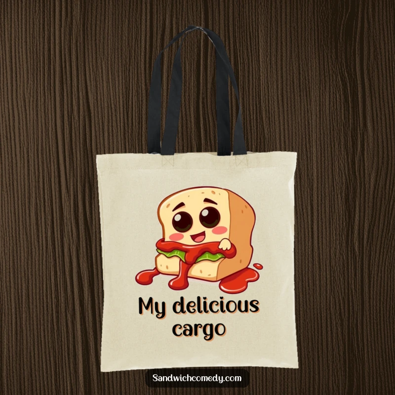 Funny tote bag featuring a sandwich character with olive eyes sliding down a ketchup drizzle, a humorous and practical accessory.