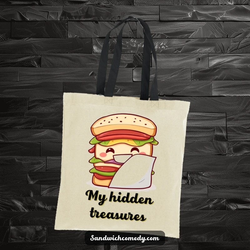 Funny layered sandwich tote bag with a mischievous grin peeking from behind a napkin, stylish and humorous.